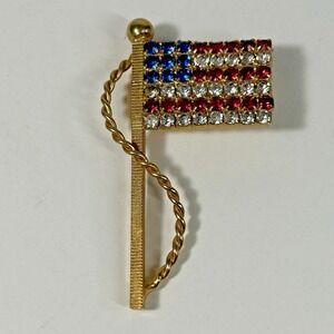 Vintage American Flag Pin Brooch Red White Blue Rhinestone Patriotic July 4th